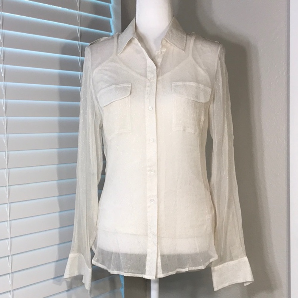 bebe Sheer White Blouse W/ Subtle Gold Detail